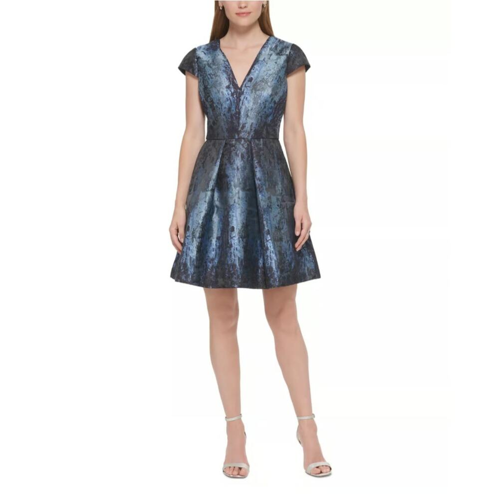 Vince Camuto Dress Womens 14 Brocade Metallic V Neck Pleated Pockets Cocktail